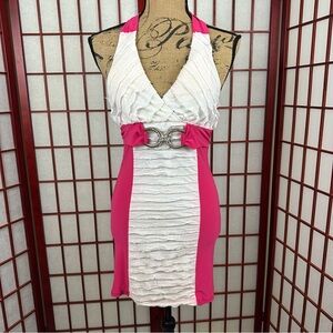 Y2K Pink and White Ruffle Bodycon Club Mcbling Halter Mini Dress